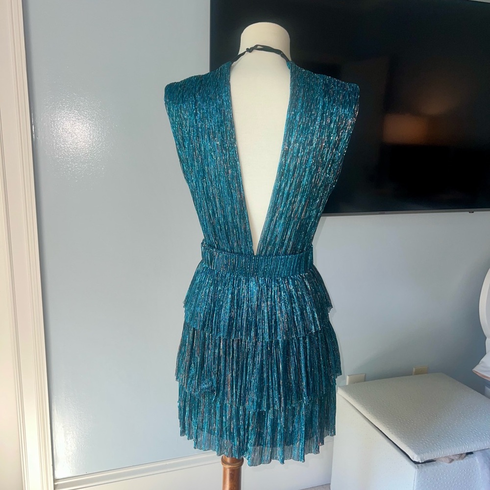 Sabina Musayev Shimmering Blue Tiered Mini Dress - Picture 3 of 3